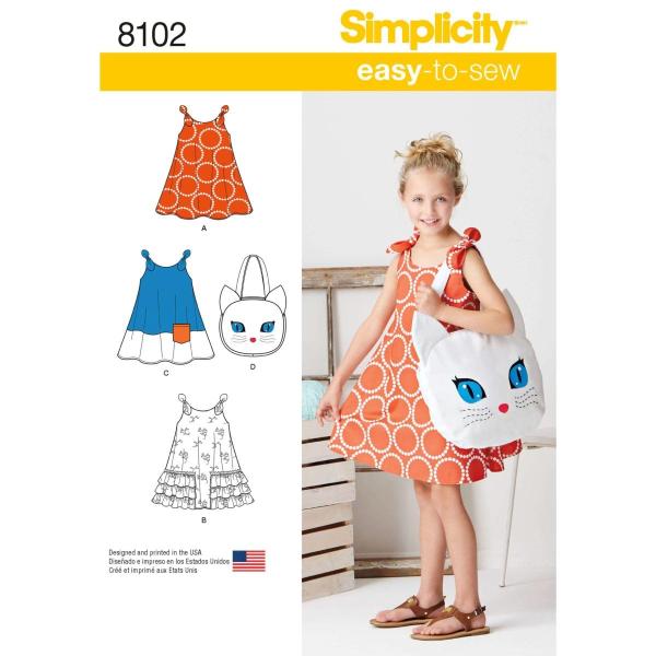 Simplicity Easy-To-Sew Girls Sundress ＆ Kitty Tote-3-4-5-6-7-8