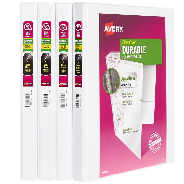 Avery Durable View 3 Ring Binders for Home, School Supplies, Office, or Organization Needs, 0.5" Slant Ring, 4 Pack White Binders (03362)
