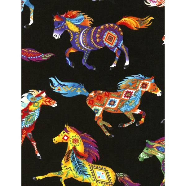 Southwest Designs on Horses, Bright Colors, Black, Timeless Treasures, by The Yard