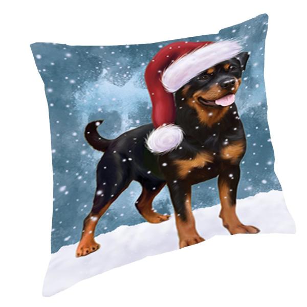Let it Snow Christmas Holiday Rottweiler Dog Wearing Santa Hat Throw Pillow D392 (14x14)