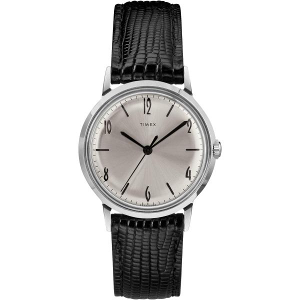 Timex マーリン 手巻き 34mm ステンレスケース ブラック 2ピース文字盤 シルバートーン メンズ