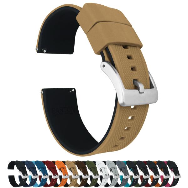 BARTON WATCH BANDS Quick Release Elite Silicone Watch Bands, Khaki Tan Top/Black Bottom, 18mm