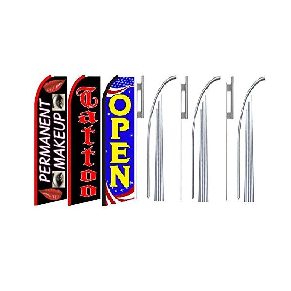OnPoint Wares permanent make up tattoo Open King Feather Flag Sign Kit With Pole and Ground Spike- Pack of 3