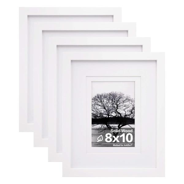 Egofine 8×10 画像 4個 フレーム - テーブルトップディスプレイ及び壁取付フォトフレーム 用 木製高精細ガラス製 8×10 ホワイト4本