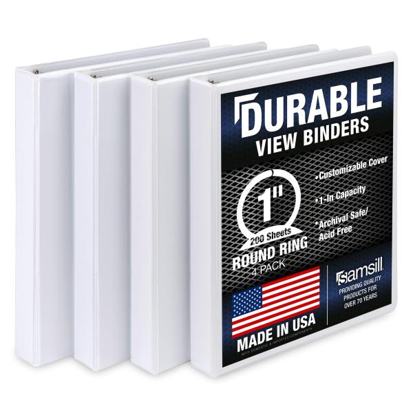 Samsill Durable 3 Ring Binder, Made in The USA, 1-Inch Round Ring Binder, Holds 200 Sheets, Customizable Clear View Cover, White, 4 Pack ?(?MP48437)