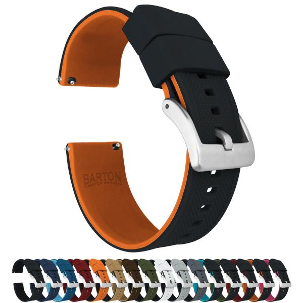 BARTON WATCH BANDS Quick Release Elite Silicone Watch Bands, Black Top/Pumpkin Orange Bottom, 24mm
