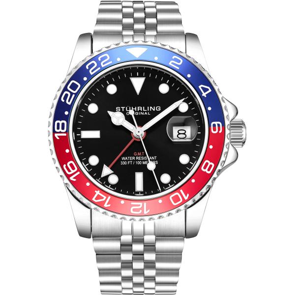 StuhrlingオリジナルメンズステンレススチールジュビリーブレスレットGMTウォッチ - スイス製クォーツ、デュアルタイム、ねじ込み式リューズ付きクイックセット