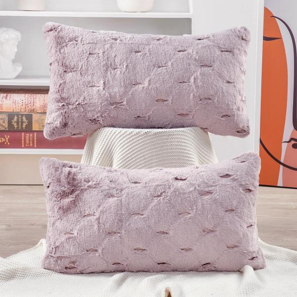 Home Soft Things Serenta Jacquard Rabbit Faux Fur Pillow Shell 2 Piece Set, Pink, 14" x 26"