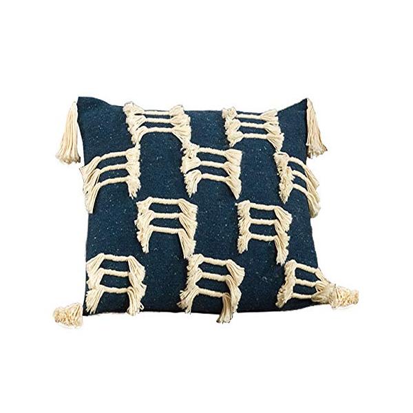Fennco Styles Trios Ligens Collection Bohemian Cord Appliqu〓 Frayed Tasseled 100% Cotton Filled Throw Pillow 22" W X 22" L - Navy Blue Throw Pillow f