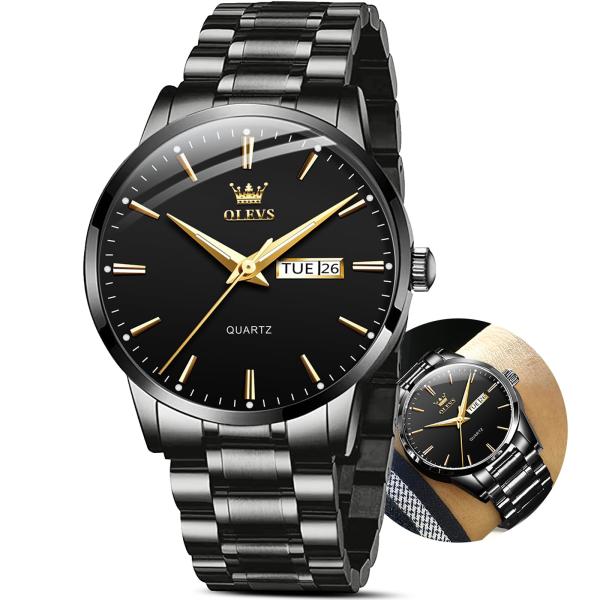 OLEVS Fashion Black Stainless Steel Watches for Men,Date Day Watches for Men,Man Watch,Black Dial Men's Steel Watch,Luminous Watche Mens Dress Waterpr