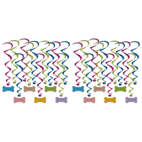 Beistle 53655 犬の骨 ハッピーバースデー 渦巻き 24ピース ペットパーティー用品 スパイラルハンギングデコレーション 15インチ-22インチ マルチカラー 15"-22"