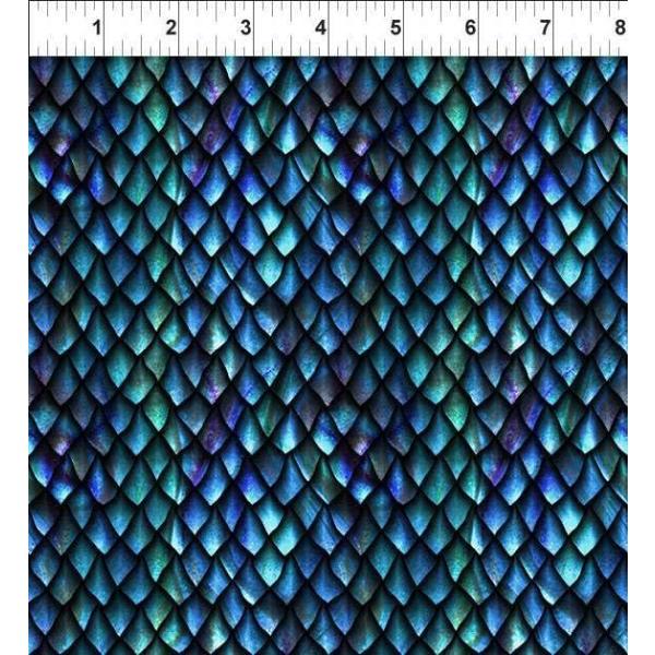 In The Beginning Fabrics Dragons Blue Fury Scales Blue/Black, Fabric by the Yard
