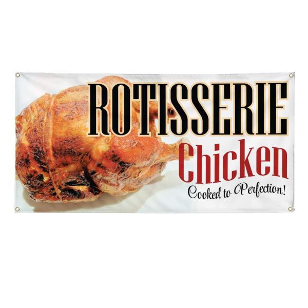 Vinyl Banner Multiple Sizes Rotisserie Chicken Cooked Perfection! Restaurant ＆ Food Outdoor Weatherproof Industrial Yard Signs Golden 4 Grommets 24x3
