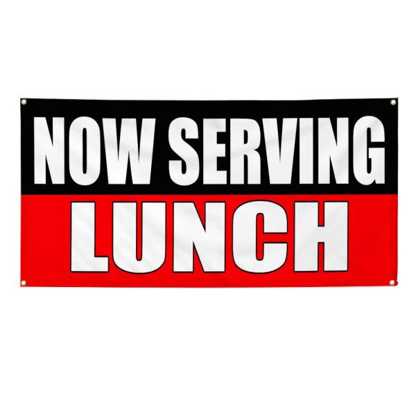 Vinyl Banner Multiple Sizes Now Serving Lunch Food Fair Promotion Restaurant ＆ Food Outdoor Weatherproof Industrial Yard Signs Red 4 Grommets 16x40In