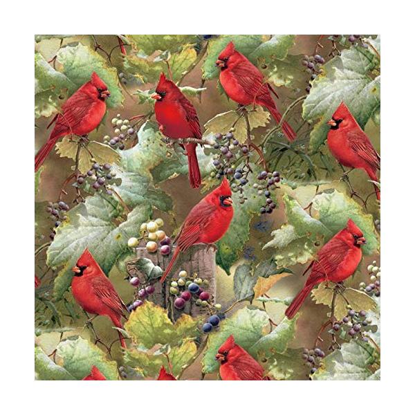 Red Cardinal in The Orchard with Grapes Cotton Fabric