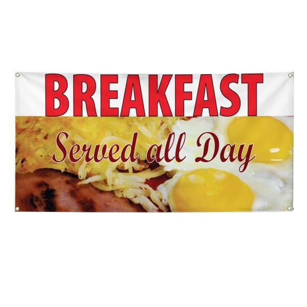 Vinyl Banner Multiple Sizes Breakfast Served All Day Restaurant Cafe B Restaurant ＆ Food Outdoor Weatherproof Industrial Yard Signs White 4 Grommets