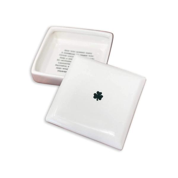 Susabella Square Ceramic Keepsake Box with Green Irish Blessing ＆ Shamrock