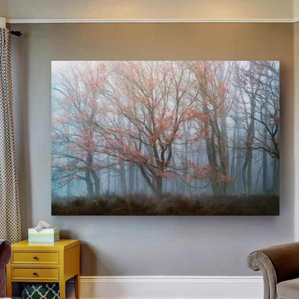 Renditions Gallery Canvas Nature Wall Hanging Art Misty Orange Autumn Trees Forest Modern Artwork for Bedroom Living Room Kitchen Walls - 32"X48" LT08