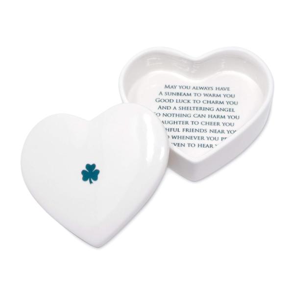 Susabella Handmade Ceramic Heart Box Green Irish Blessing ＆ Shamrock