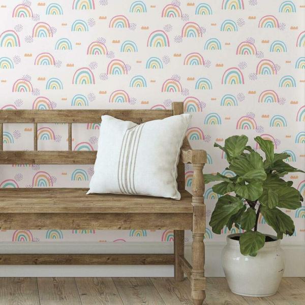 RoomMates RMK11731RL Pink Rainbow's End Peel and Stick Wallpaper