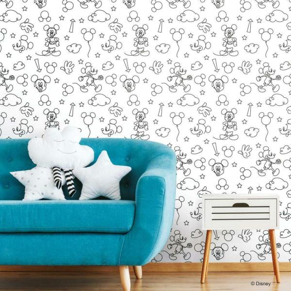 RoomMates RMK11775RL Black and White Disney Mickey Mouse Line Art Peel and Stick Wallpaper