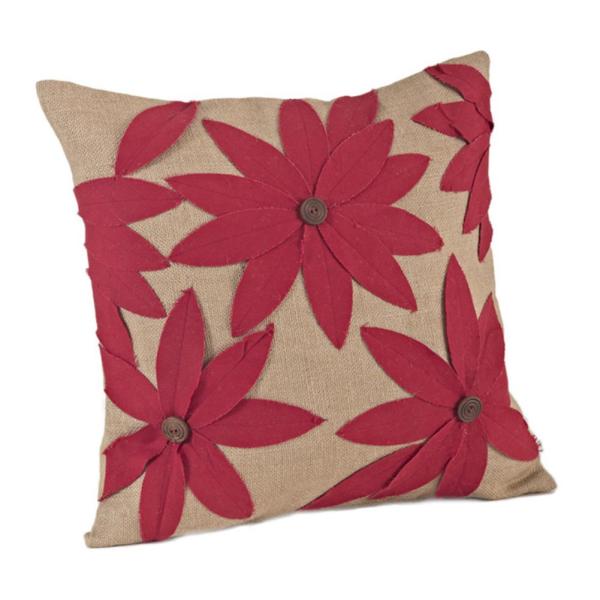 Fennco Styles Poinsettia Holiday Flower Design Cotton Jute Throw Pillow 18"W x 18"L - Red Cushion for Couch, Living Room, Christmas and Office Decor