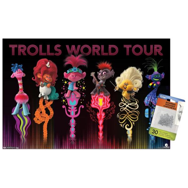 Trends International Trolls: World Tour - Group Wall Poster, 14.72" x 22.37", Premium Poster ＆ Push Pin Bundle