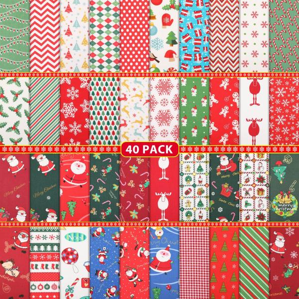 Tatuo 40 Pieces 10 x 10 Inch Christmas Cotton Fabric Bundles Xmas Square Sewing Quilting Precut Fat Quarters Patchwork Christmas Tree Snowflake Printe
