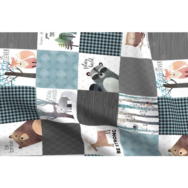 Spoonflower Fabric - Woodland Patchwork Quilt Rotated Bear Moose Fox Raccoon Wolf Gray ＆ Printed on Chiffon Fabric Fat Quarter - Sewing Fashion Appar