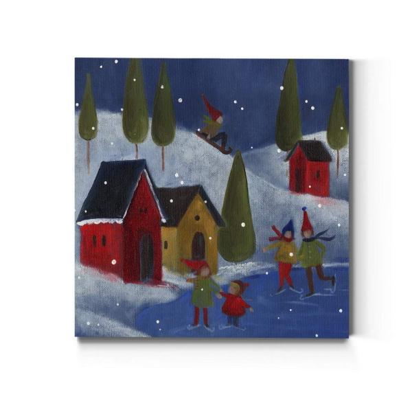 Renditions Gallery 冬の雪景色 (2) 壁アート、かわいいクリスマスアートワーク、そり、アイススケート、赤い家、プレミアムギャラリーラップキャンバス装飾、す