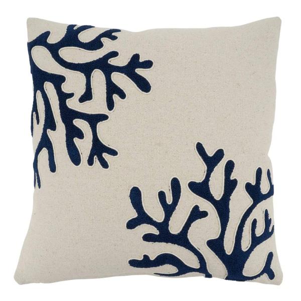 Fennco Styles Nautical Embroidered Coral Cotton Decorative Throw Pillow 18" W x 18" L - Navy Blue Cotton Coastal Pillow for Home, Couch, Living Room,