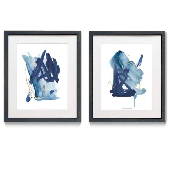 Renditions Gallery Abstract Indigo (1) 2 Piece Framed Artwork Set, Colorful Gold, Navy Blue, Contemporary Modern Art, Black Matte Frame, White Mat, Pl
