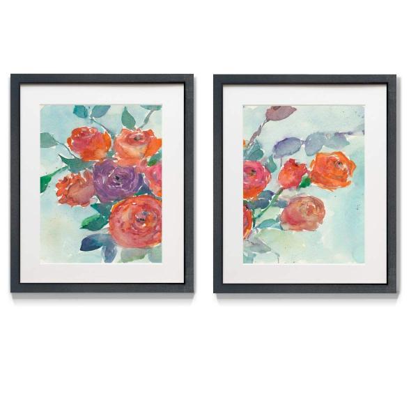 Renditions Gallery Watercolor Roses 2 Piece Framed Artwork Set, Colorful Floral, Botanical, Flower Art, Orange, Red, Black Matte Frame, White Mat ＆ P