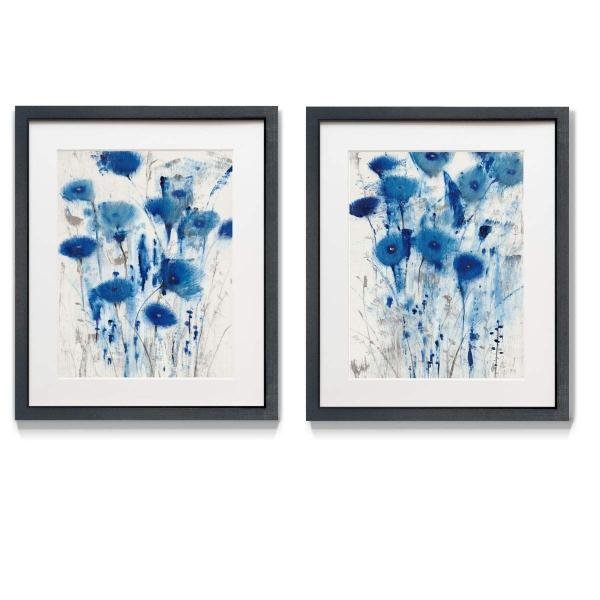 Renditions Gallery Blue Impressions 2 Framed Artwork Set, Colorful Botanical, Flower Art, Abstract Blue, White, Black Matte Frame, White Mat ＆ Plexig