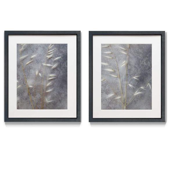 Renditions Gallery Moonlit Dream 2 Framed Artwork Set, Colorful Botanical, Flower Art, White, Yellow, Blue Grey, Black Matte Frame, White Mat ＆ Plexi