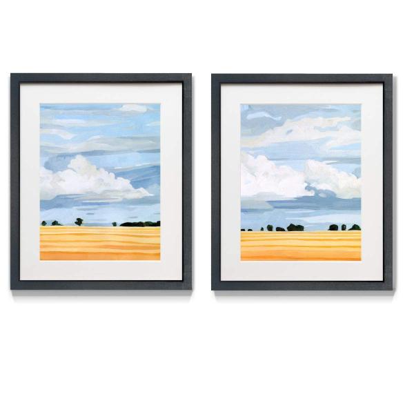 Renditions Gallery Pale Cloudscape 2 Piece Framed Artwork Set, Blue Sky ＆ Countryside, Yellow Wheat, Country Decor, Black Matte Frame, White Mat, Ple