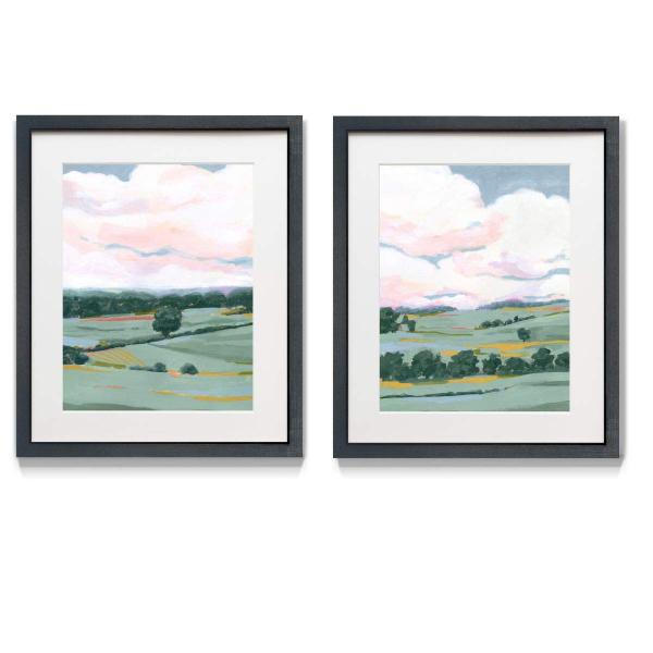 Renditions Gallery Pastel View 2 Piece Framed Artwork Set, White Clouds ＆ Countryside, Green Fields, Country Decor, Black Matte Frame, White Mat, Ple