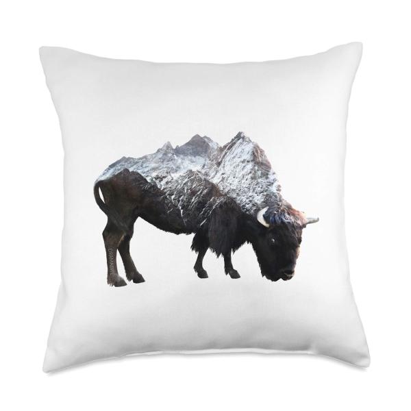 Bison Buffalo Double Exposure Surreal Wildlife Native Animal Throw Pillow