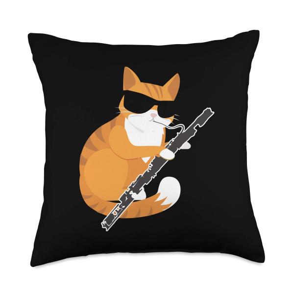 Cute Music Cat Sunglasses Musical Instrument Bassoon Player Throw Pillow