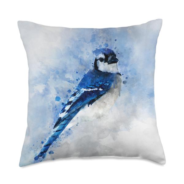 Artistic Animal Malarei of Blue Jay Bird of Watercolour Throw Pillow