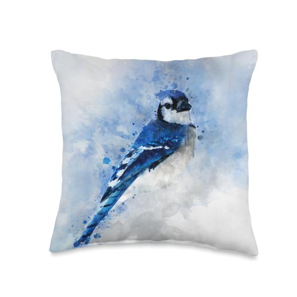Artistic Animal Malarei of Blue Jay Bird of Watercolour Throw Pillow