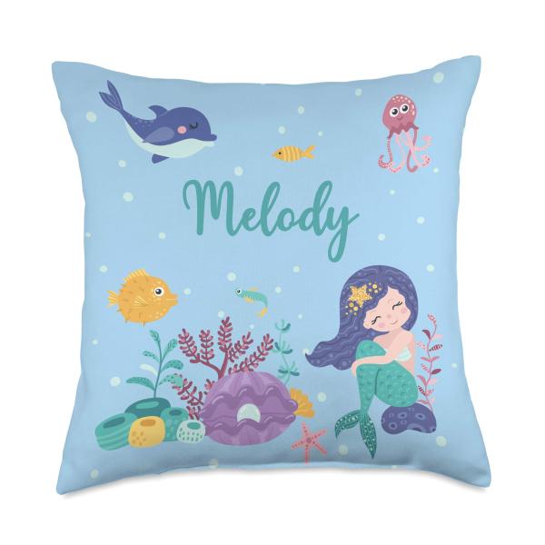 Melody Name Gift Girls Mermaid Bedroom Decor Throw Pillow