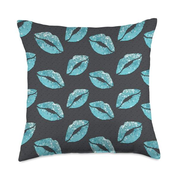 Silver Light blue Lips Lipstick Kiss Pattern on Dark Gray Throw Pillow