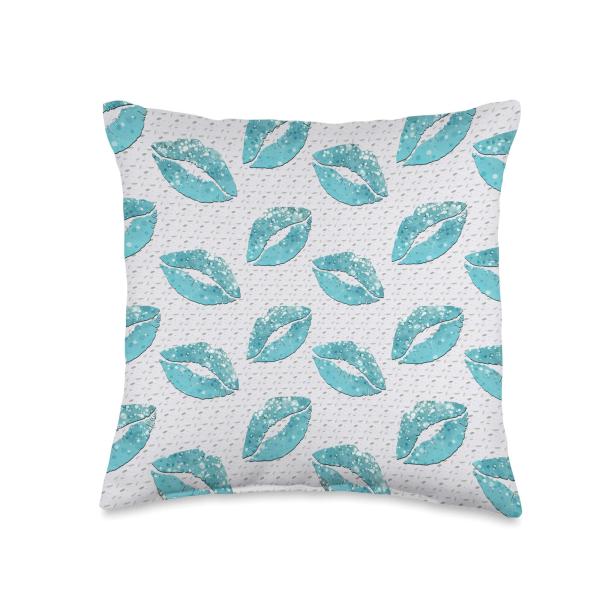 Silver Light blue Lips Lipstick Kiss Pattern on White Gray Throw Pillow