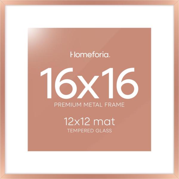 Homeforia 16x16 Picture Frame Rose Gold, High End Metal 16 x 16 Square Poster Frame with Mat 12 x 12 Photo, 16x16 Frame Matted to 12x12 Print, 16by16