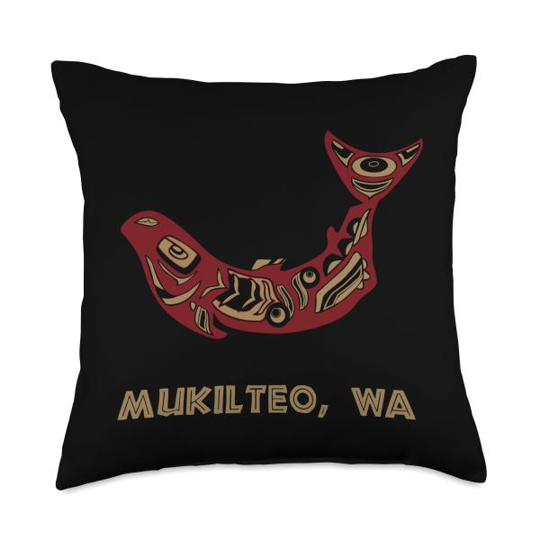 Proud Washingtonian Salmon Lover Mukilteo WA Native American Salmon Fishermen Throw Pillow, 18x18