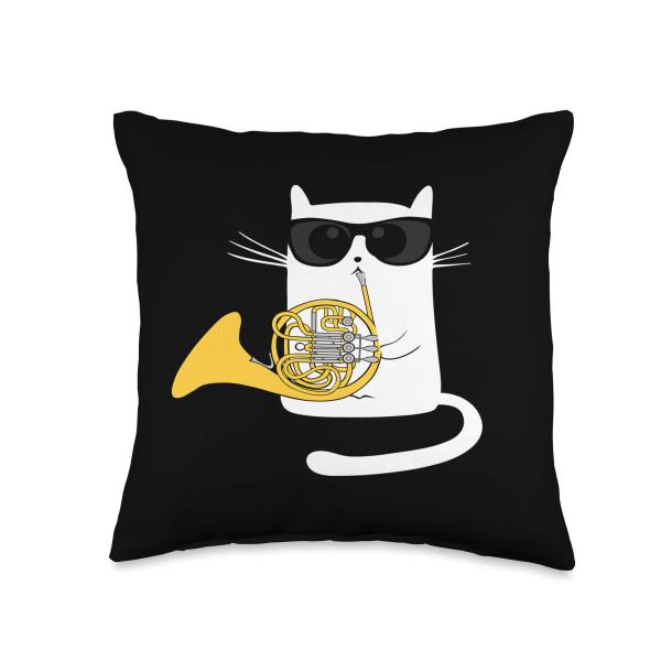 Jazz Cat Playing French Horn - Cool Smooth Throw Pillow