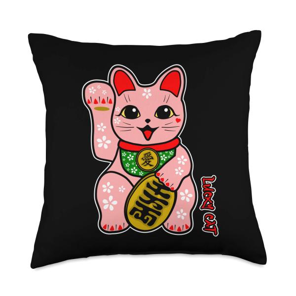 Pink Black Lucky Cat Maneki-Neko Love Floral Valentine's Day Throw Pillow