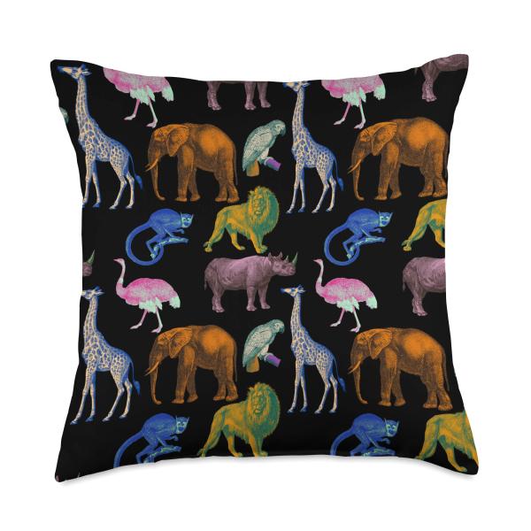 Zoo Animals Vibrant Colors Pop Art Animal Lovers Throw Pillow