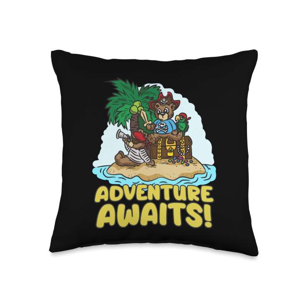 Adventure Awaits - Funny Teddy Bear Pirates Kids Cartoon Throw Pillow